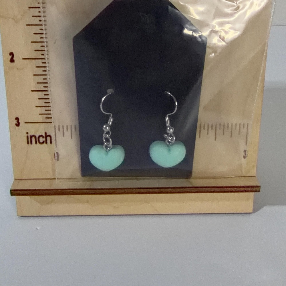 Hand Assembled Mint  Chunky Heart Dangle Earrings - Picture 3 of 3